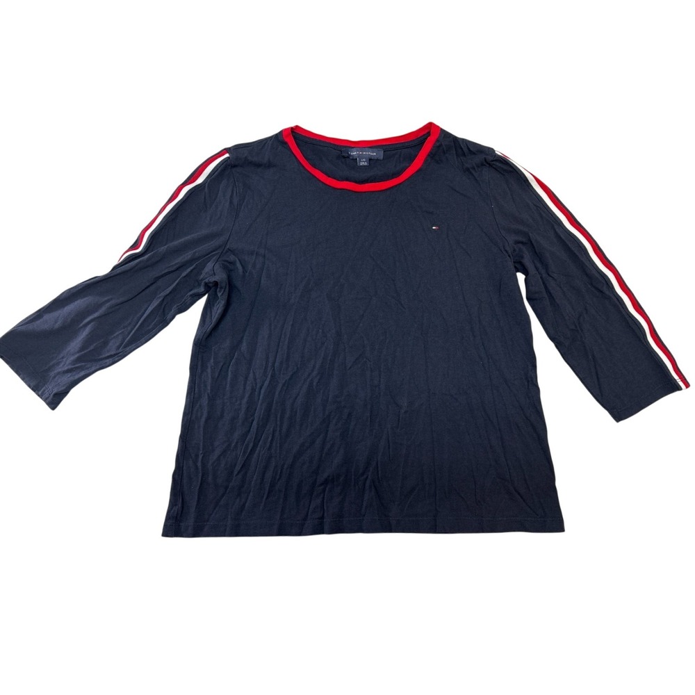 Tommy Hilfiger Navy Blue 3/4 Sleeve Ringer Top Red Stripe Large